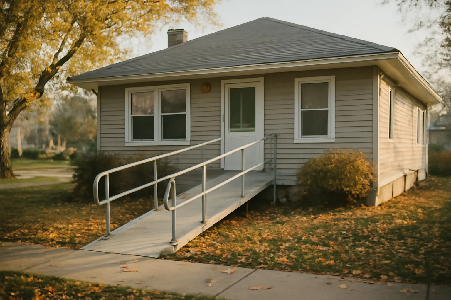 Residential house with wheelchair ramp representing group home requirements in Wisconsin