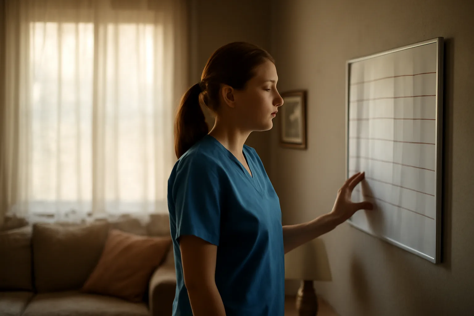 Caregiver reviewing a staff schedule in a sunlit group home living room