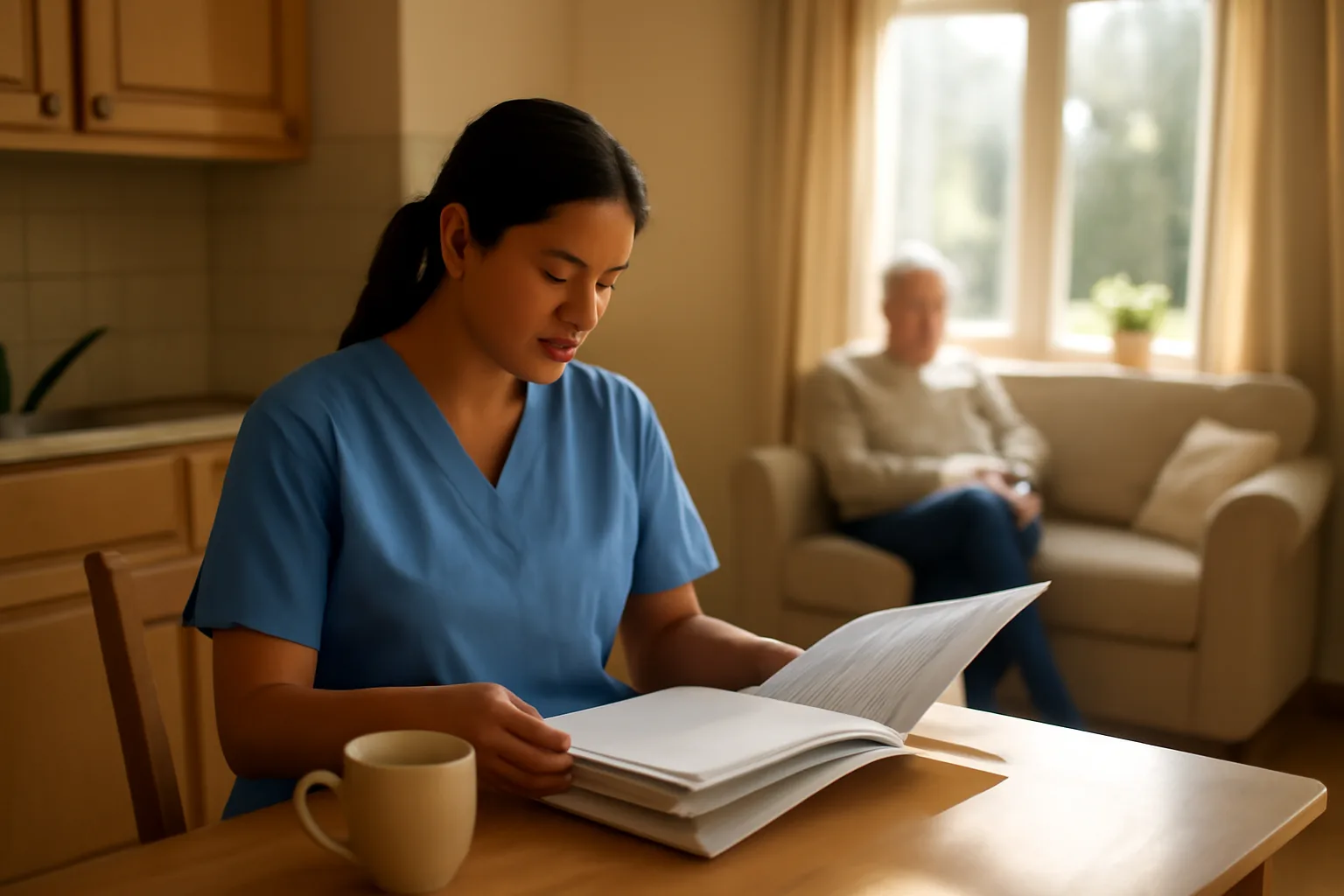 Caregiver reviewing training certificates at a table inside a licensed group home