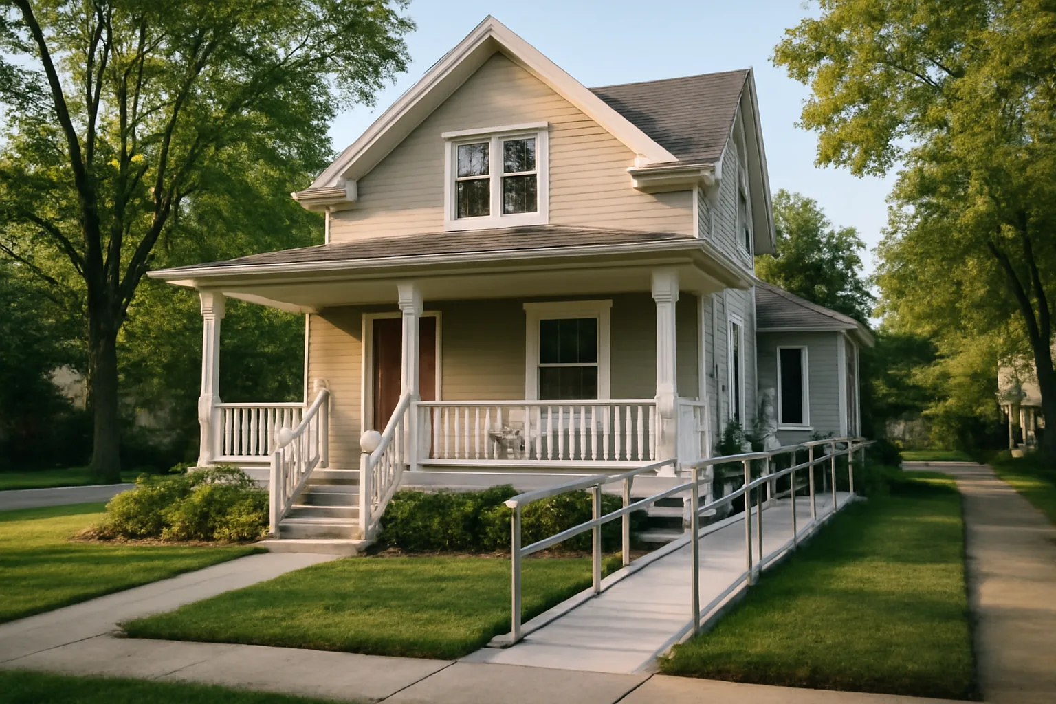 Two-story residential group home with accessible ramp in suburban Ohio neighborhood