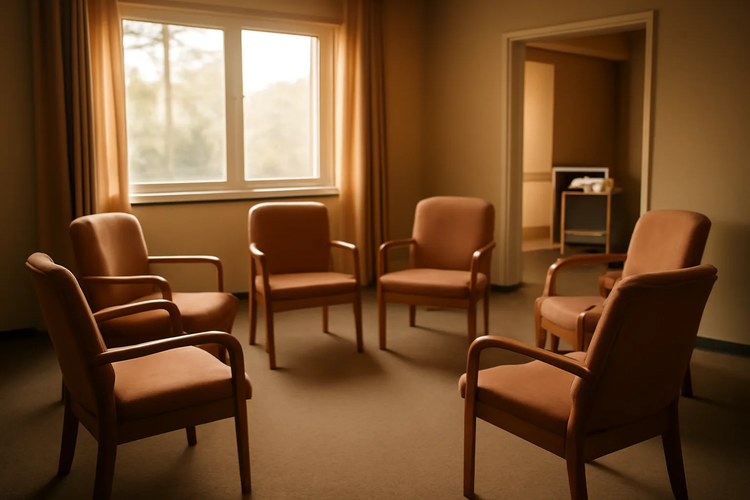 Sunlit common room in a residential assisted living community with empty armchairs and hallway