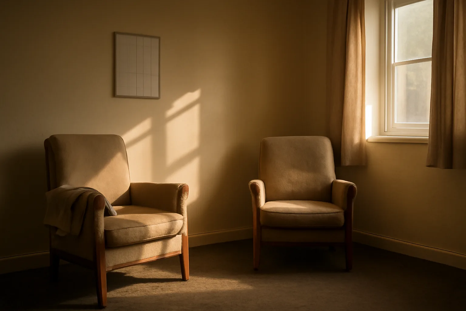 Sunlit common room in an assisted living home with empty armchairs and a folded blanket