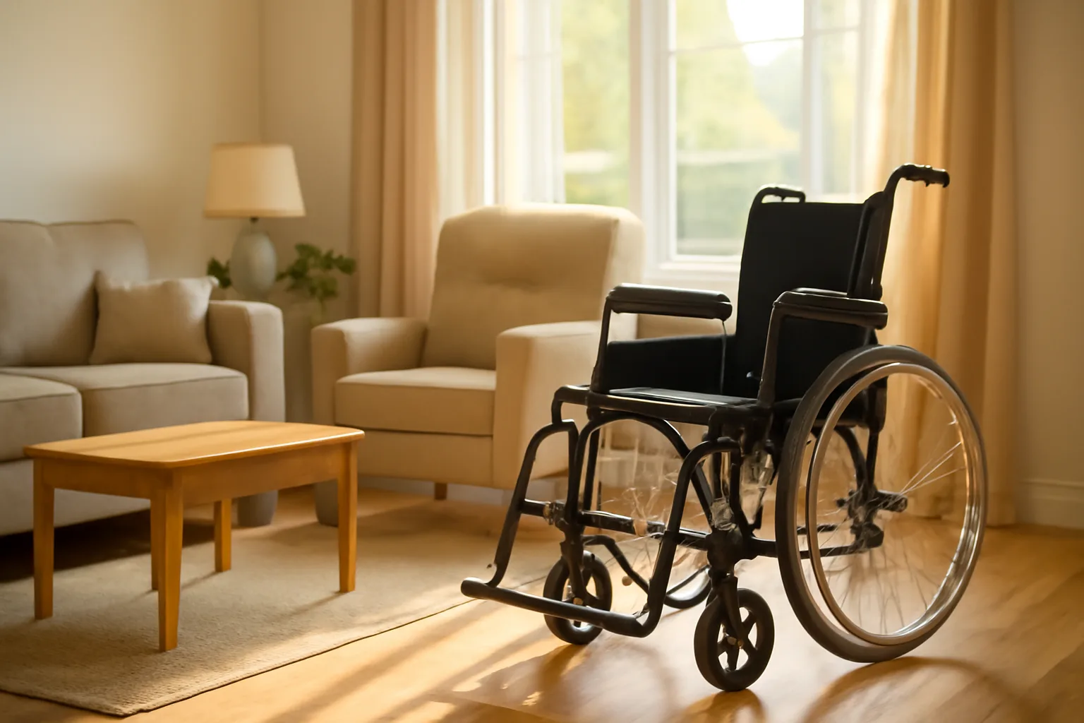 Sunlit living room in a residential home being prepared as an assisted living facility