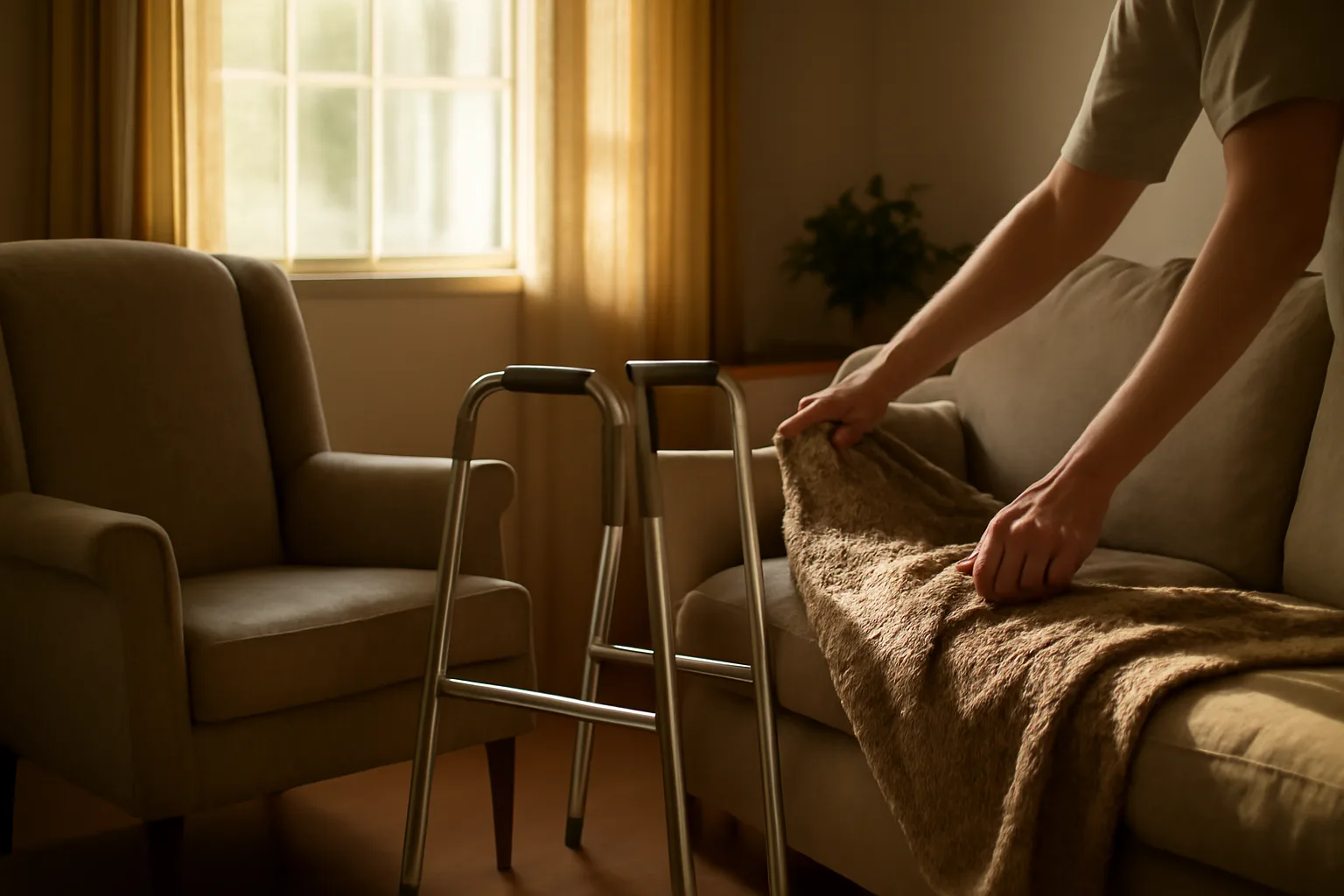Caregiver adjusting a blanket in a sunlit residential care home living room
