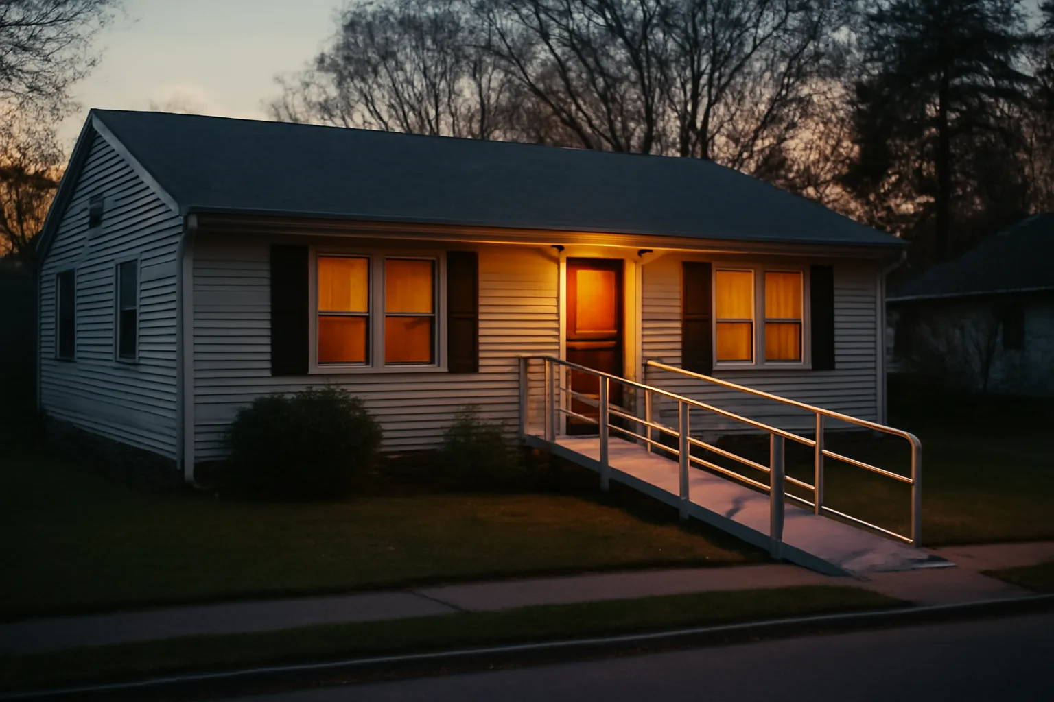 Single-story residential home with wheelchair ramp representing a Texas group home license property