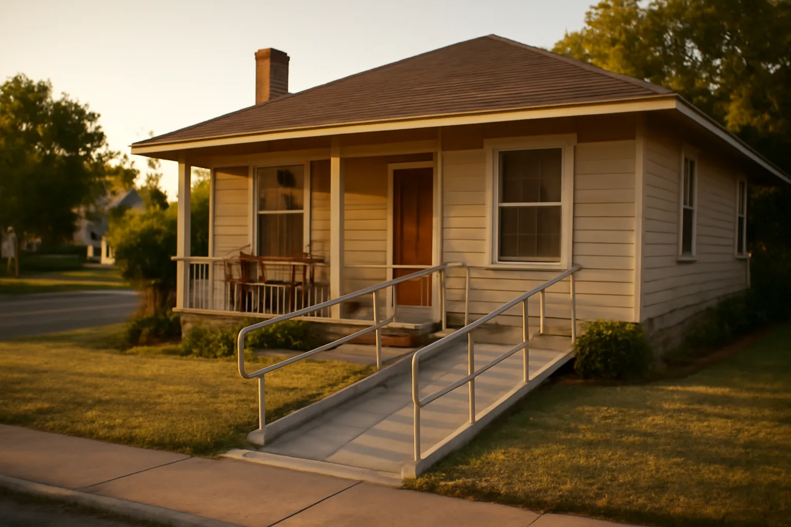 Residential group home exterior with wheelchair ramp at golden hour
