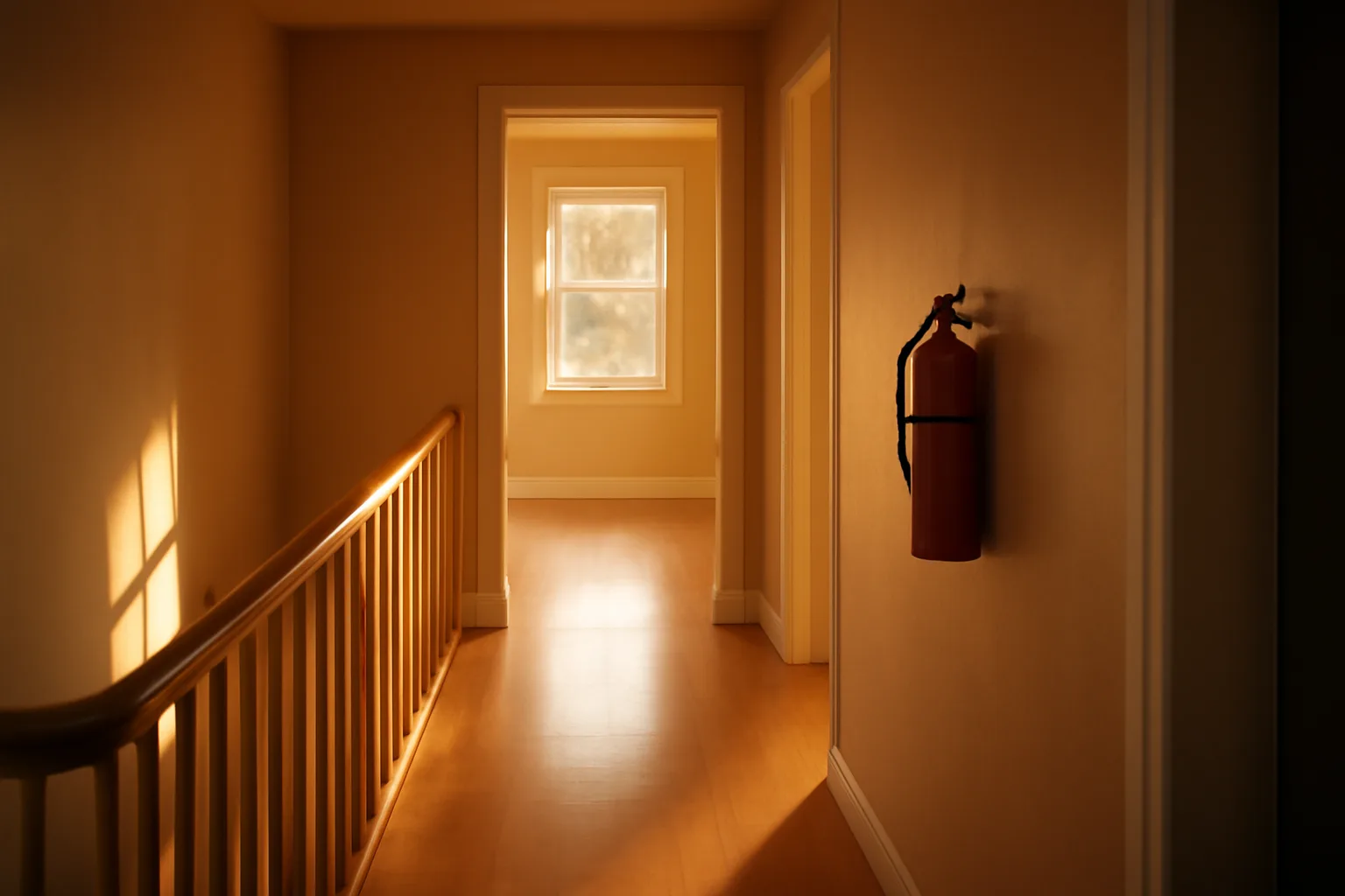 Empty residential hallway with handrail and fire extinguisher, preparing for group home license inspection