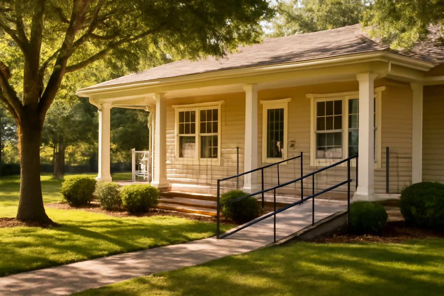 Residential assisted living home exterior with porch and wheelchair ramp in morning light