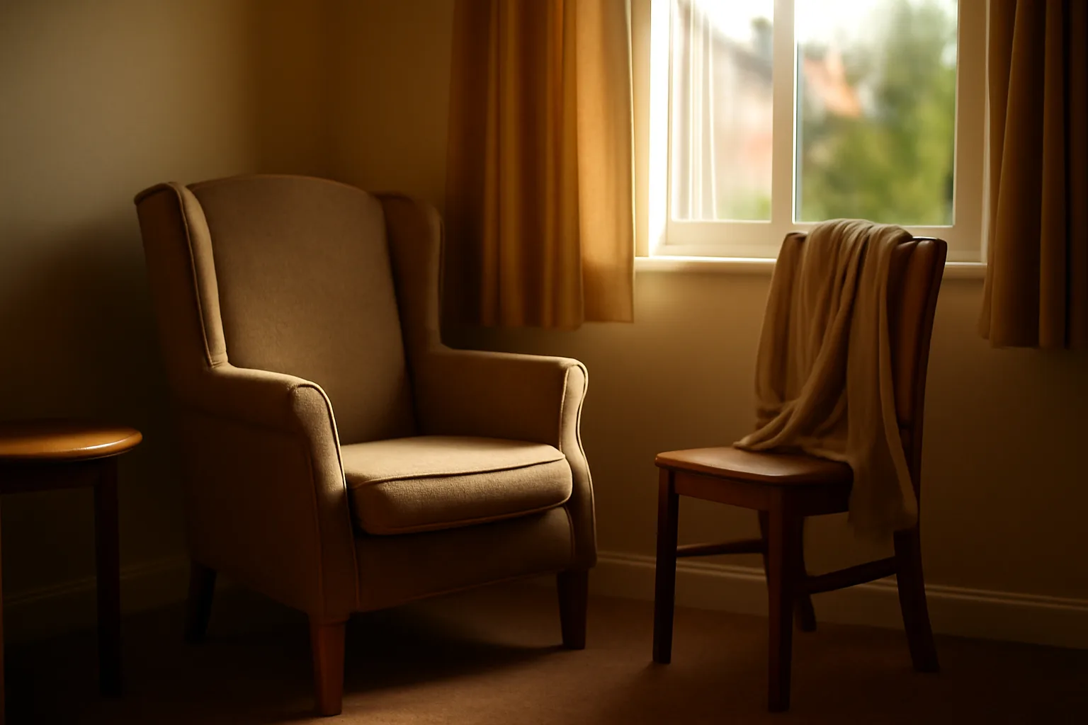 Sunlit living room in a small residential assisted living facility with an empty armchair
