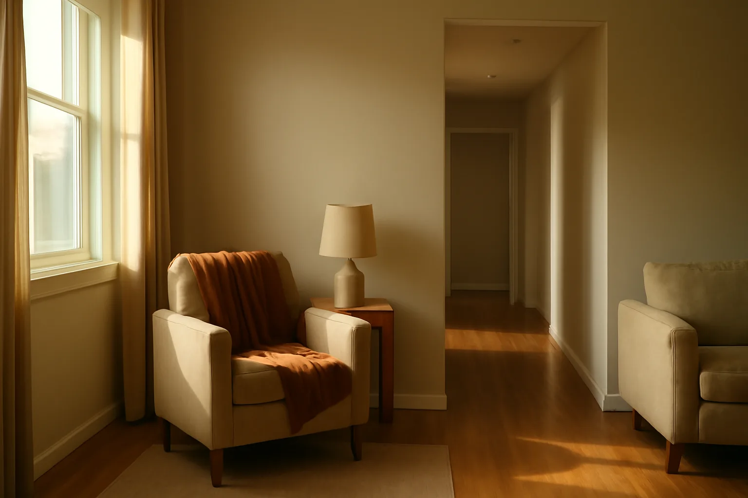 Empty sunlit hallway inside a newly licensed assisted living facility ready for residents