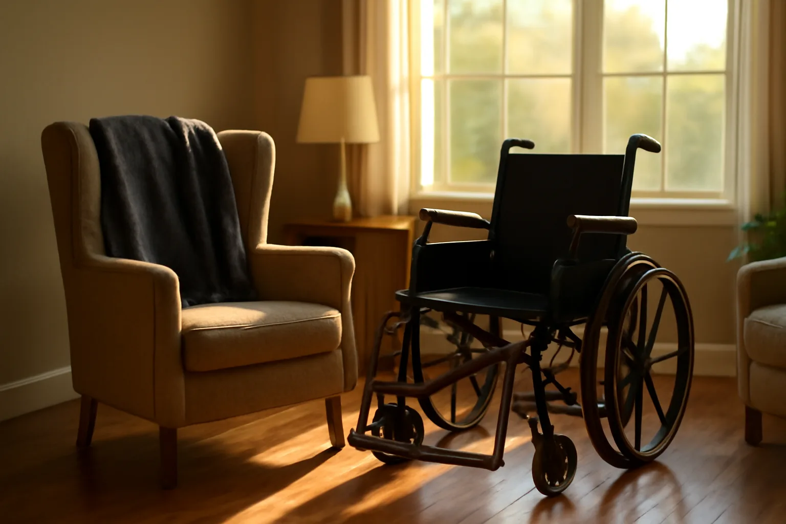Sunlit living room in a residential assisted living home with an accessible armchair