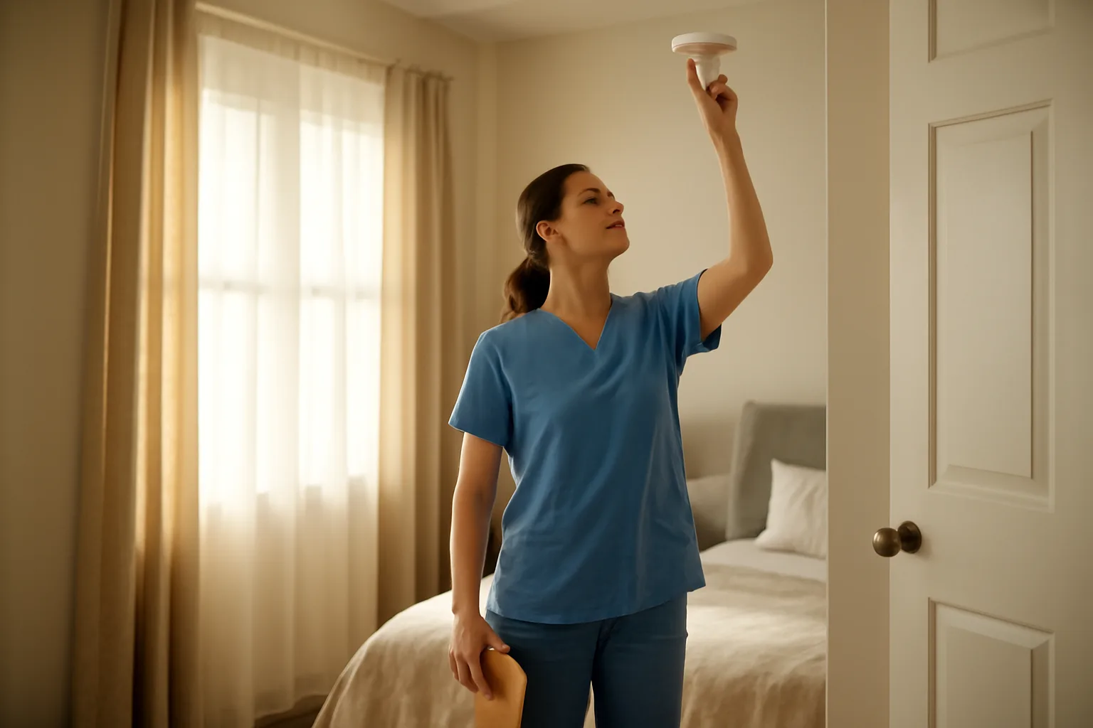 Caregiver inspecting a bedroom while preparing to start a group home