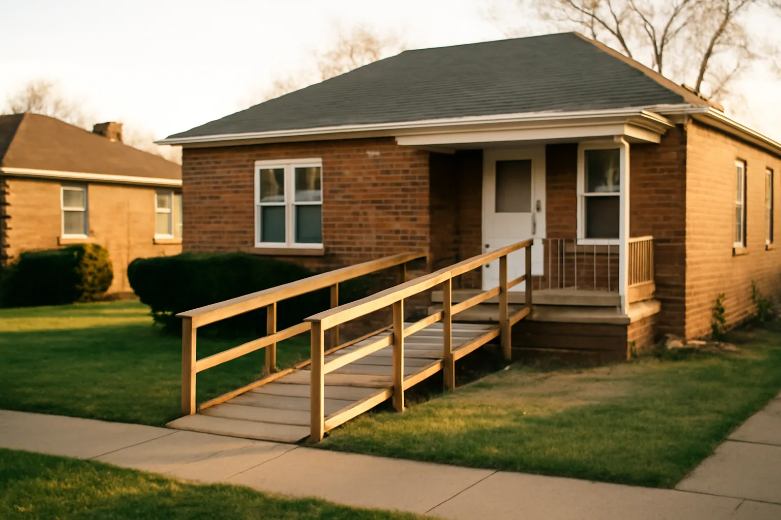 Single-story brick group home with wheelchair ramp in a residential Indiana neighborhood