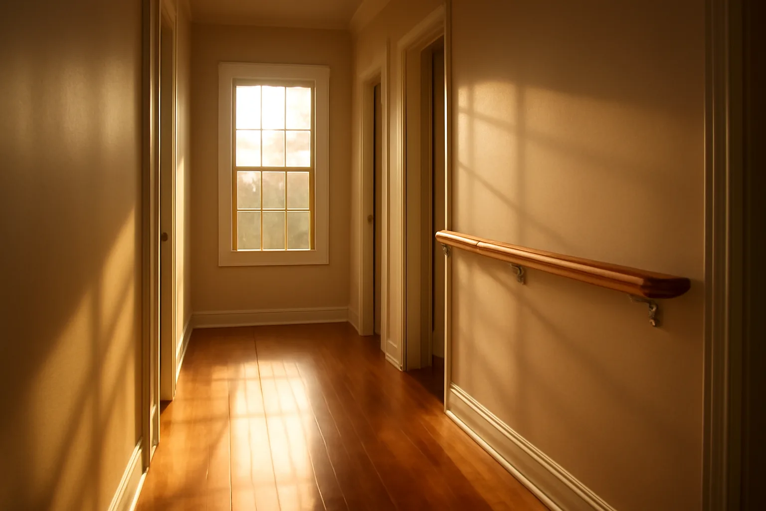 Hallway with handrails inside a New York group home during golden hour light