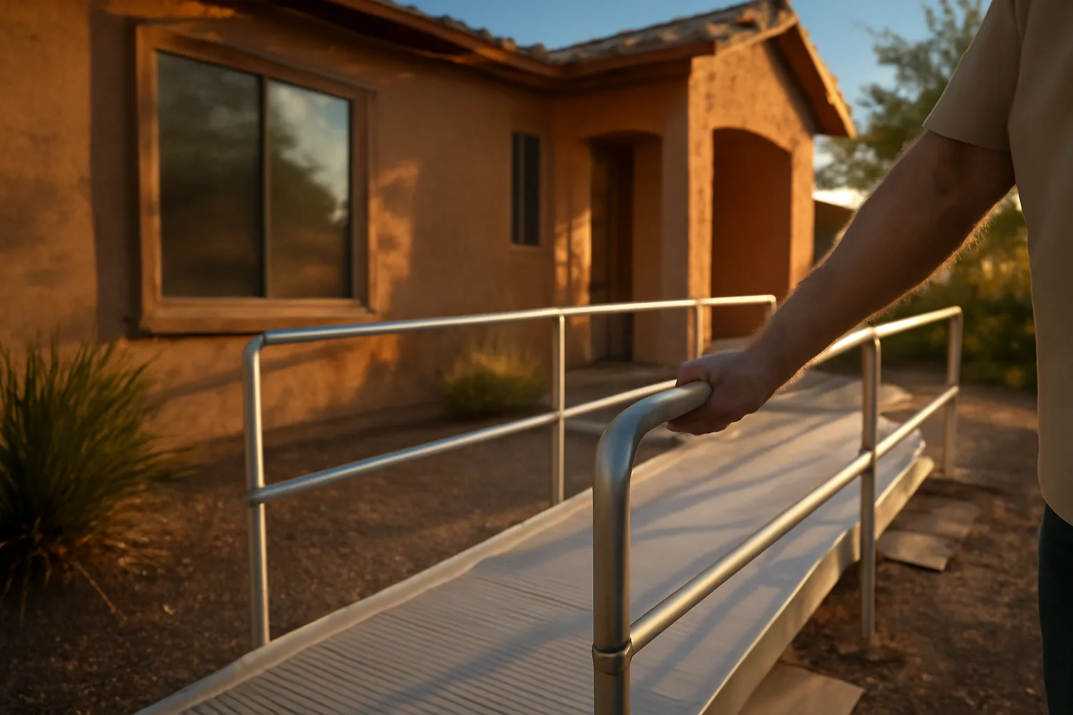 Caregiver adjusting a wheelchair ramp outside a Phoenix group home in afternoon light