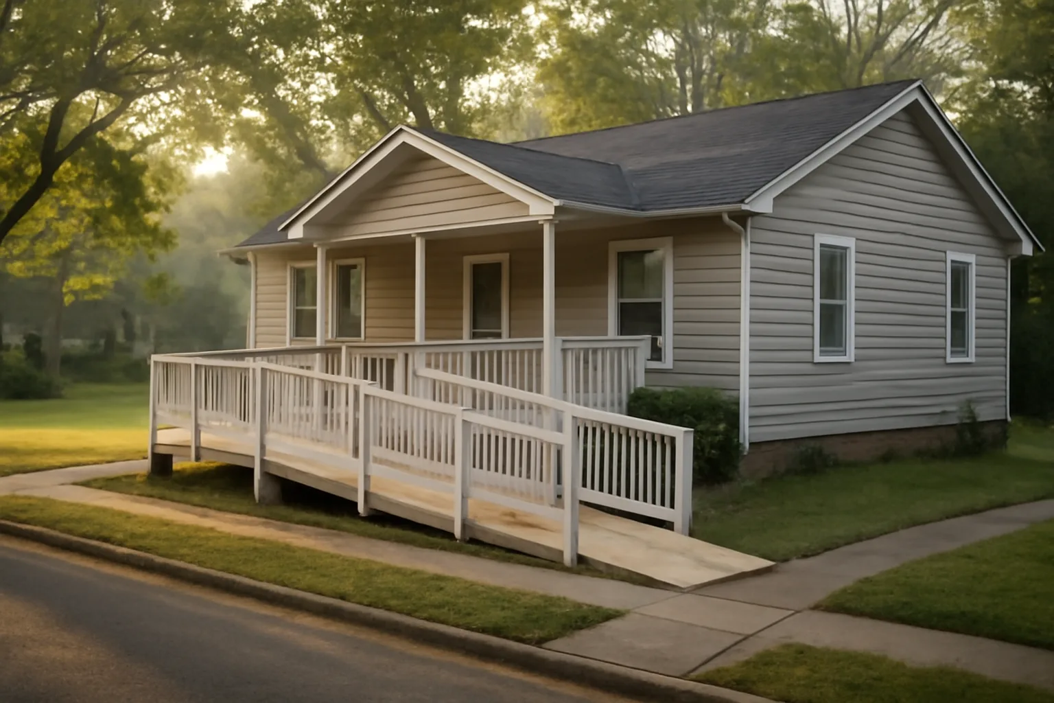 Ranch-style group home with wheelchair ramp in early morning South Carolina light