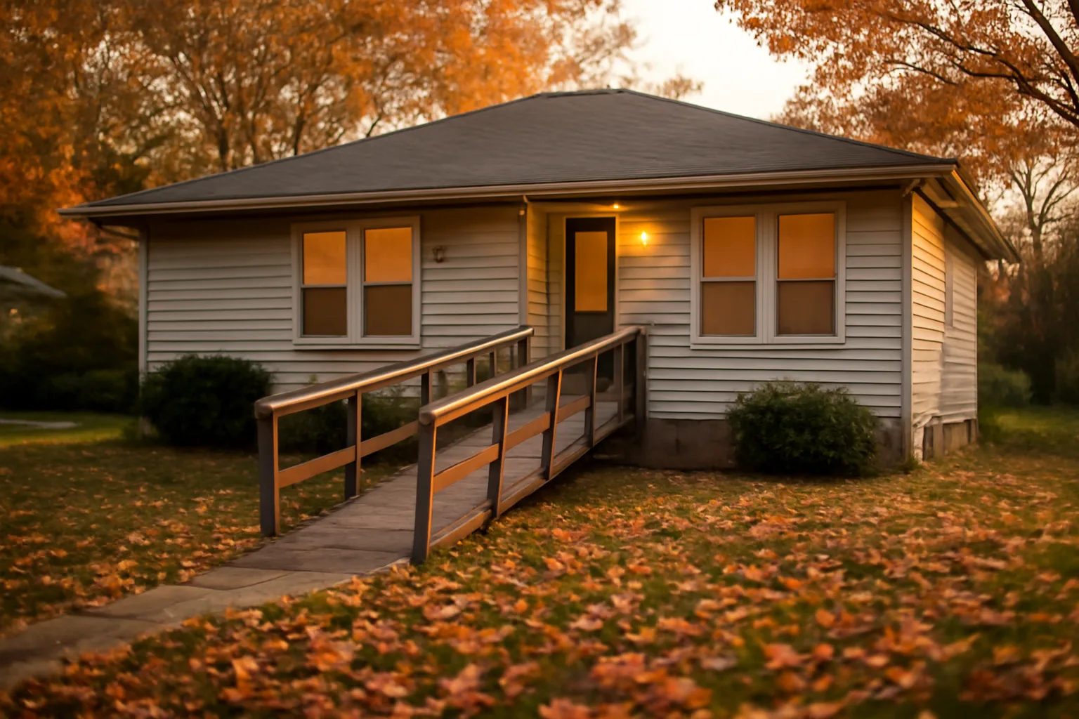 Ranch-style home with wheelchair ramp representing a Wisconsin group home property
