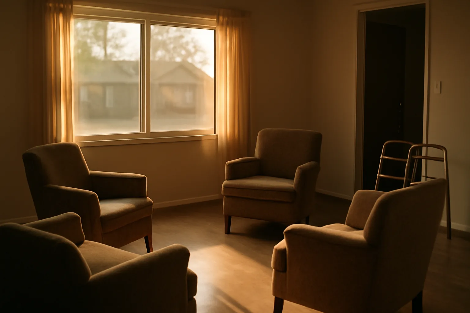 Empty living room in an Alabama residential group home preparing for licensing inspection
