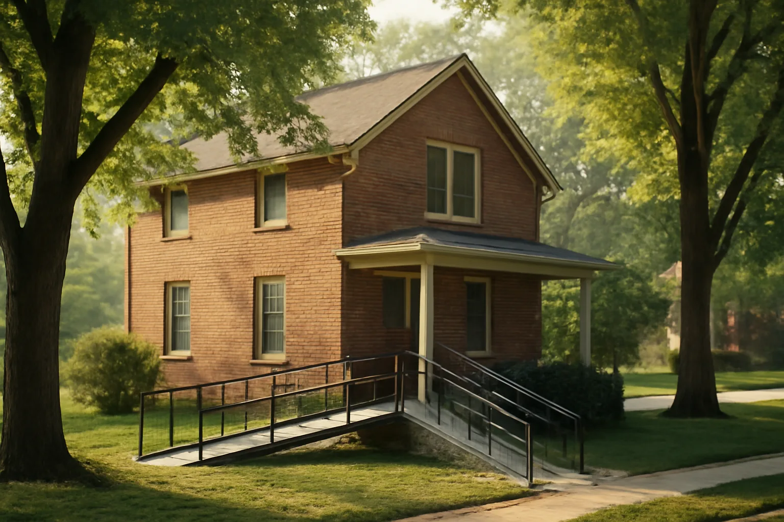 Brick residential home with wheelchair ramp representing a licensed Ohio group home