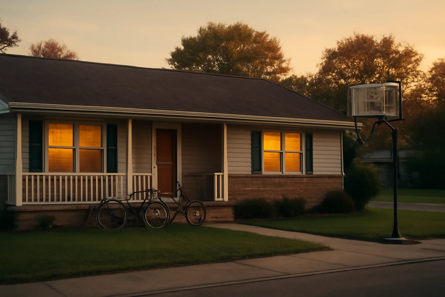 Suburban house exterior representing a licensed youth group home at dusk