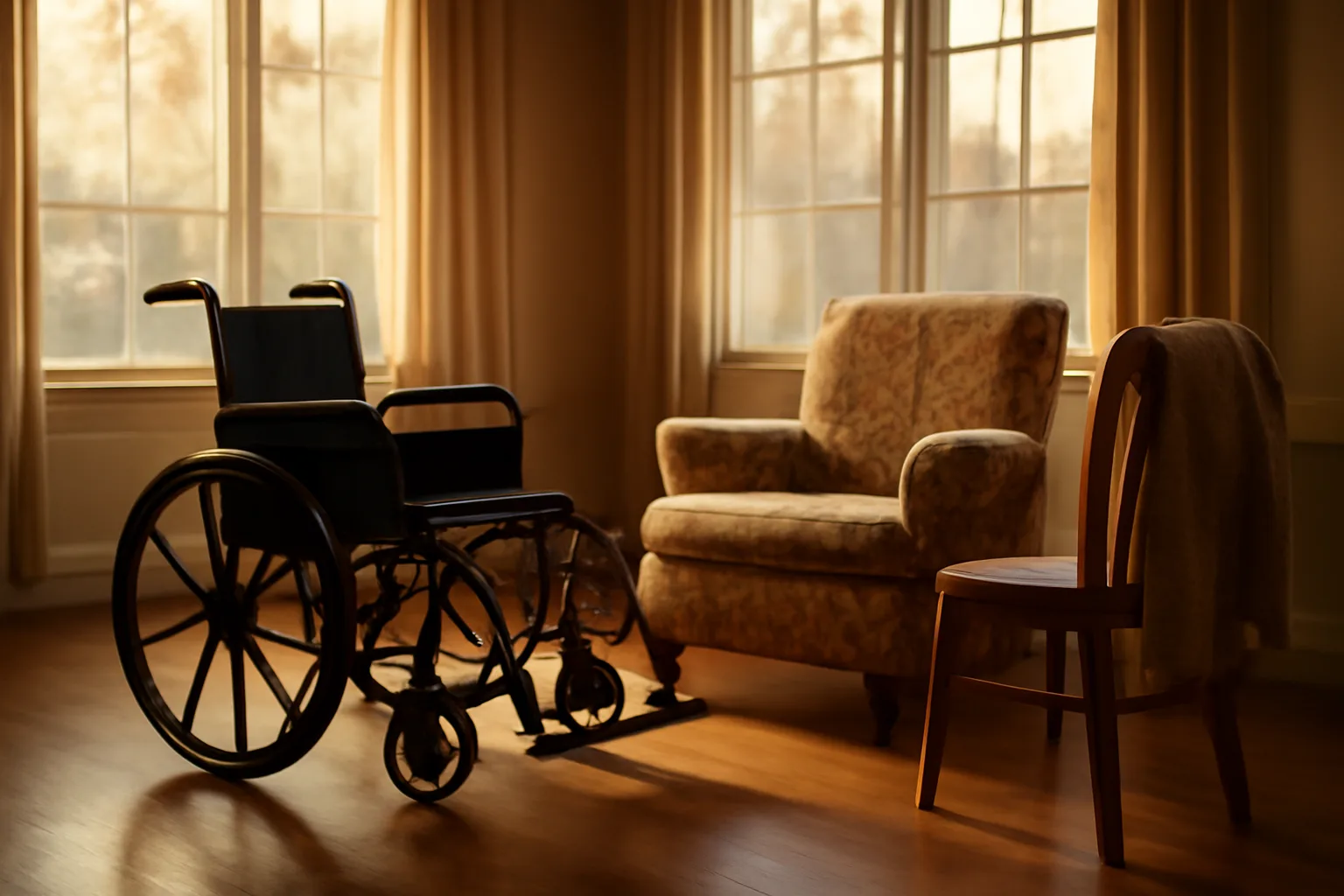 Sunlit common room in an Idaho assisted living facility with empty wheelchair and armchair