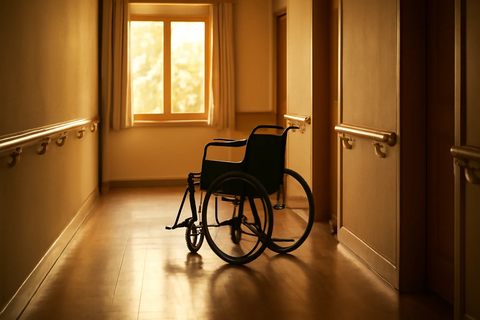 Sunlit hallway with handrails in an Illinois assisted living residence common area