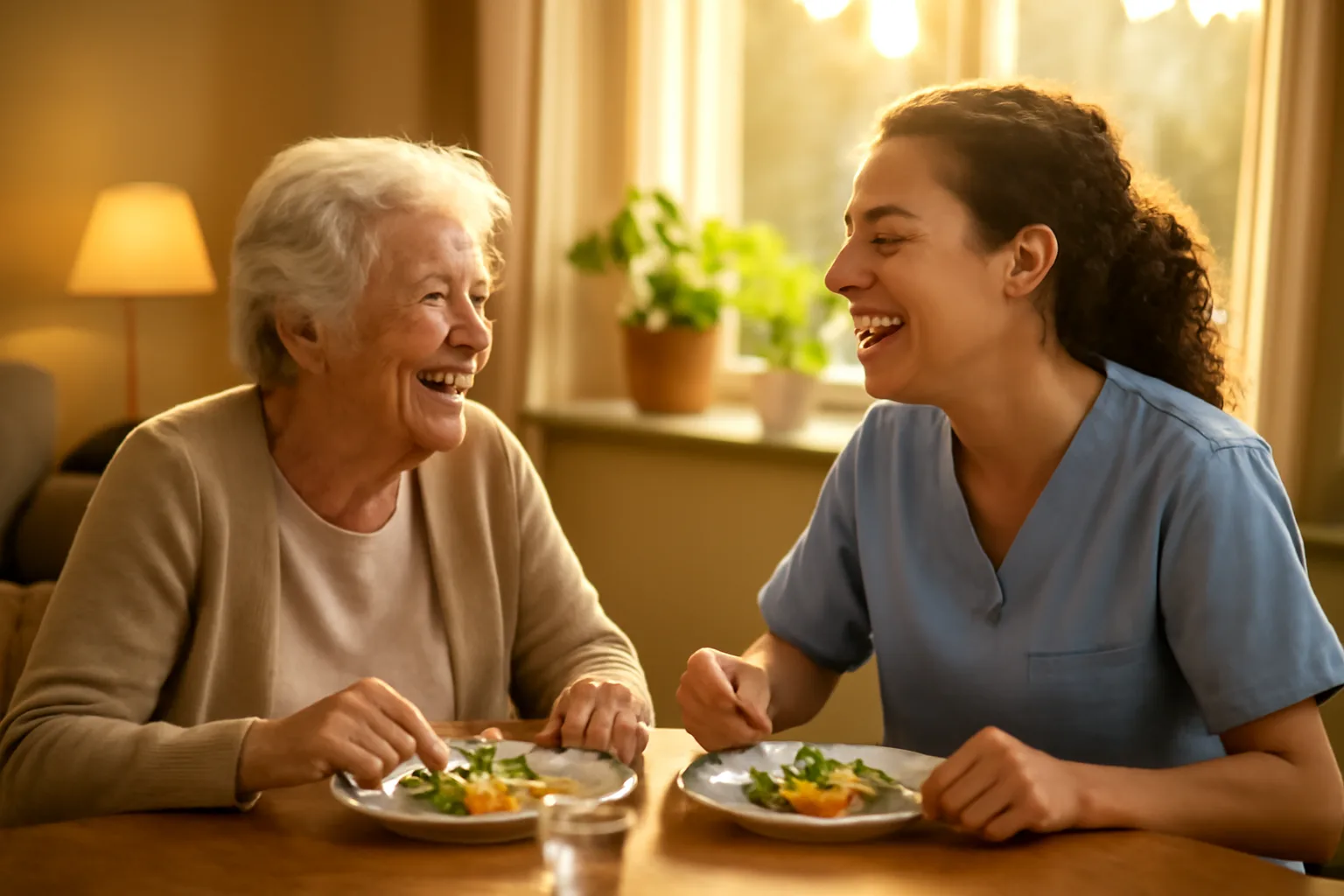 Caregiver and older resident sharing a warm meal in a joyful residential assisted living home