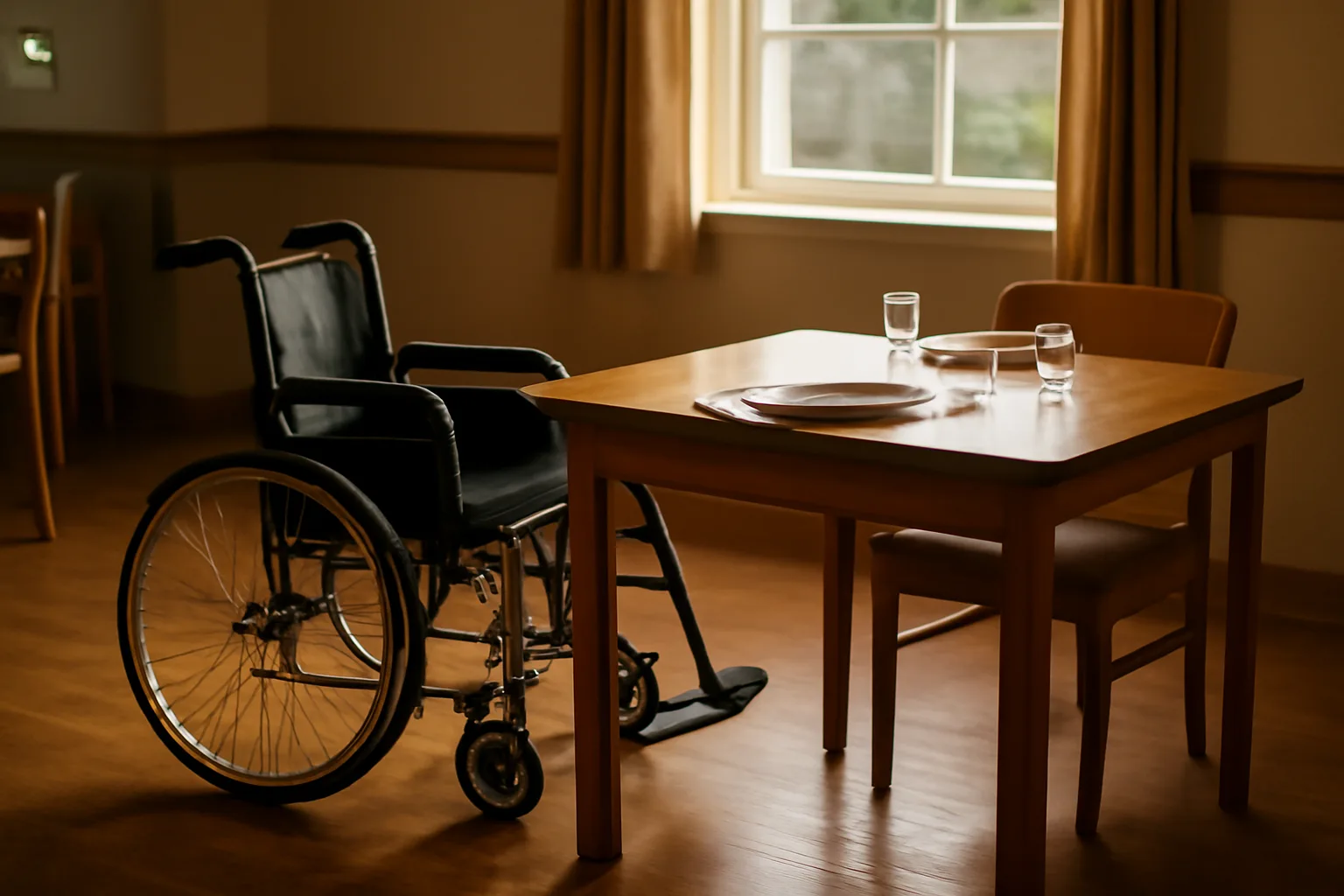 Sunlit common room in a Kansas assisted living facility with an empty wheelchair near a dining table