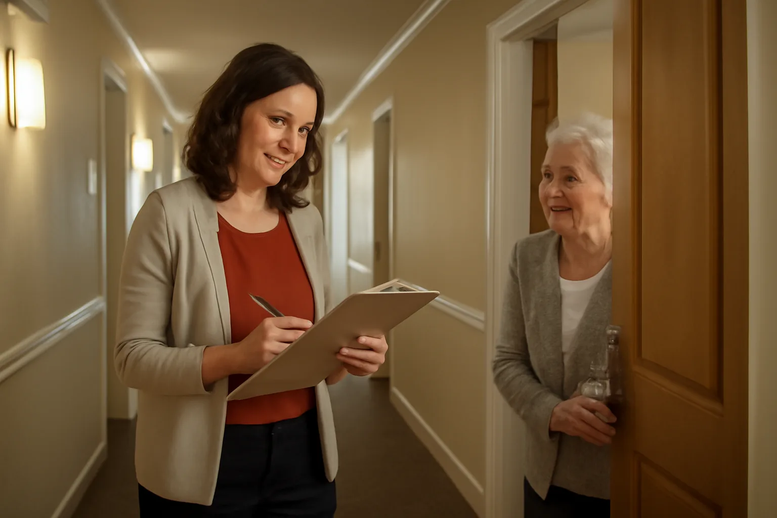 Administrator reviewing records in a Kentucky assisted living community hallway