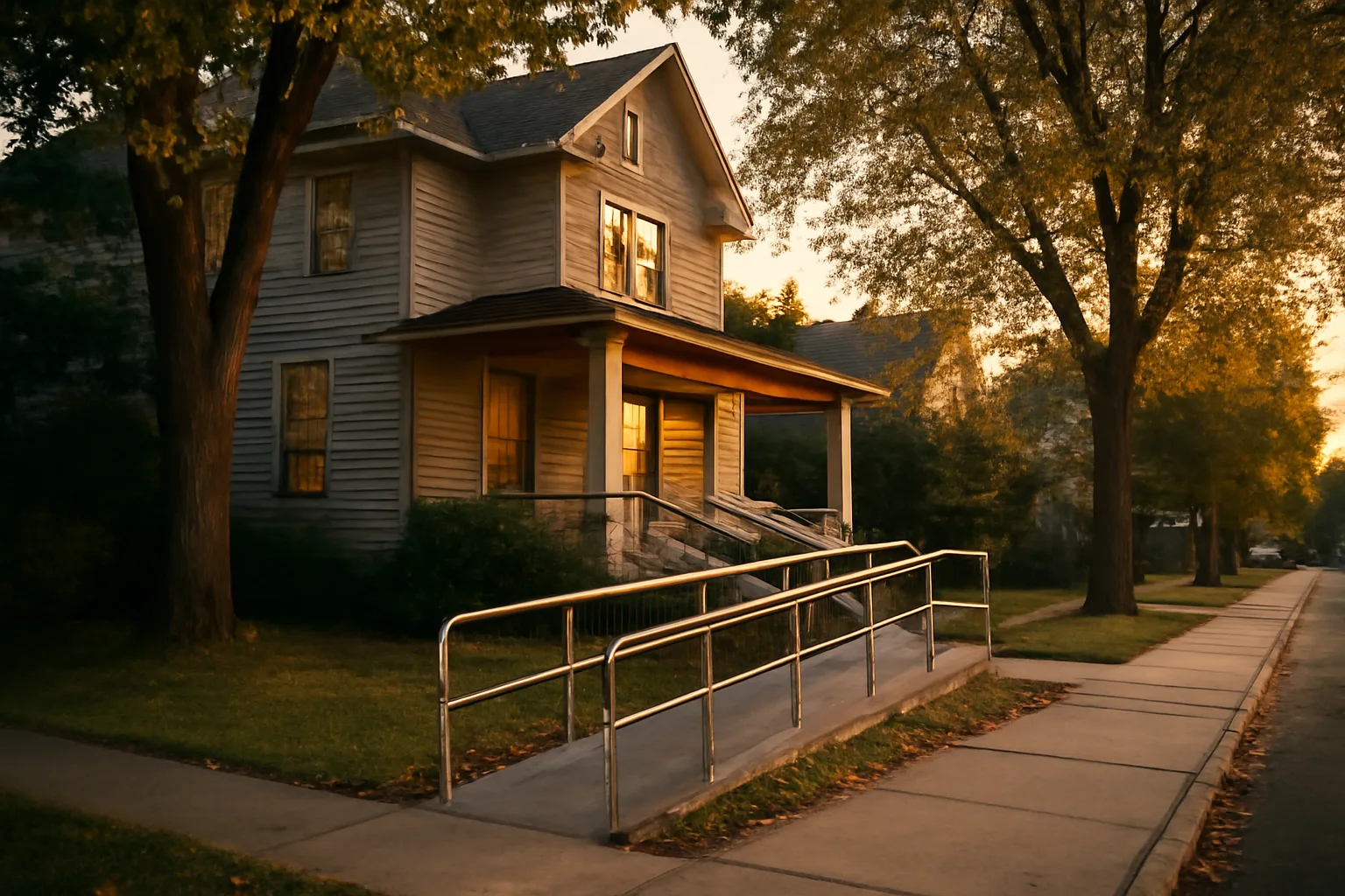 Residential care home exterior at dusk relevant to Kentucky assisted living license lookup