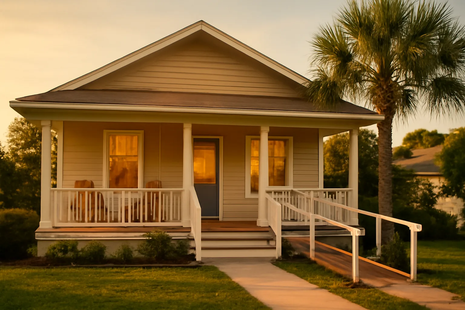 Florida residential home converted for assisted living with porch and wheelchair ramp