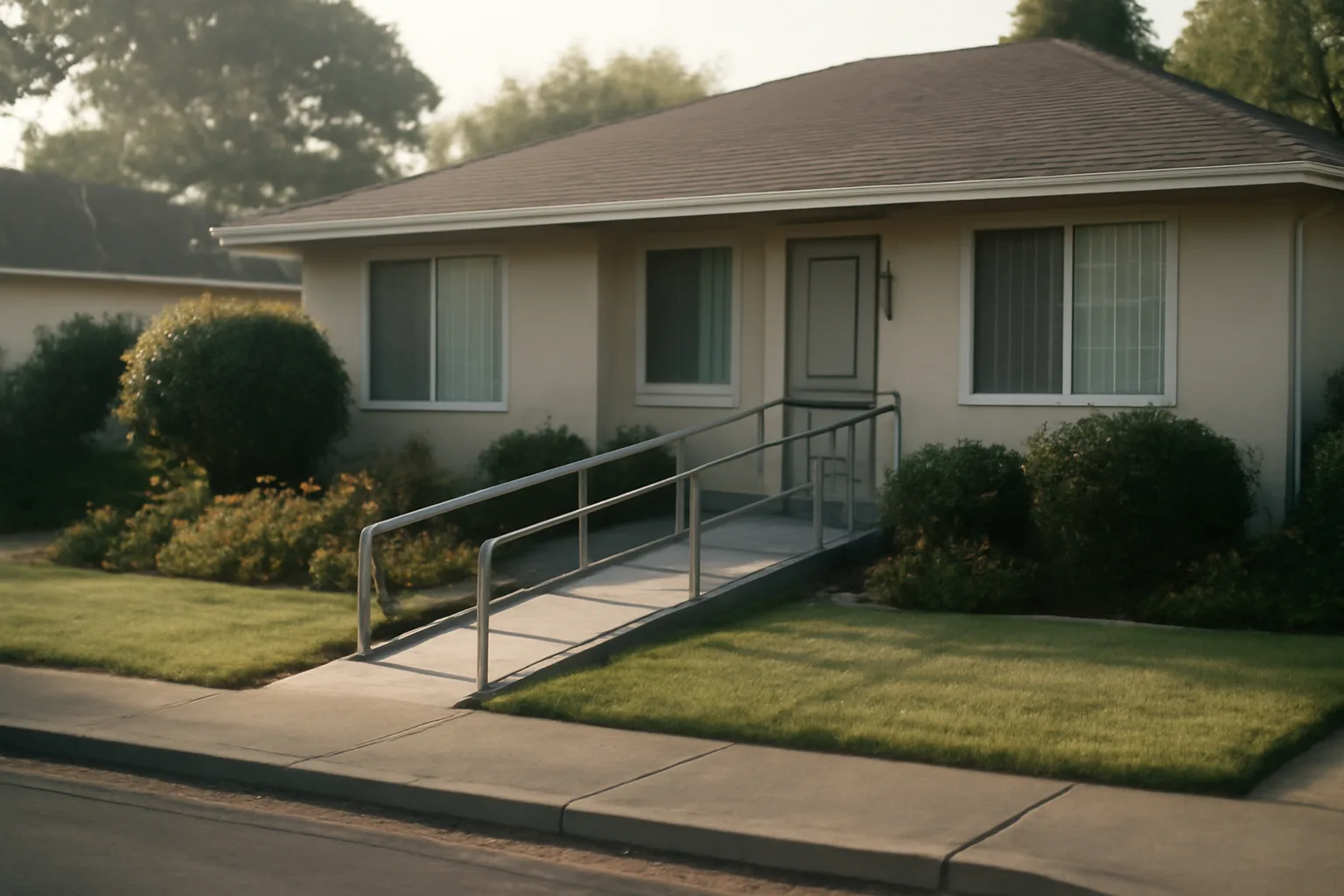 Single-story residential care home with wheelchair ramp on a quiet suburban street