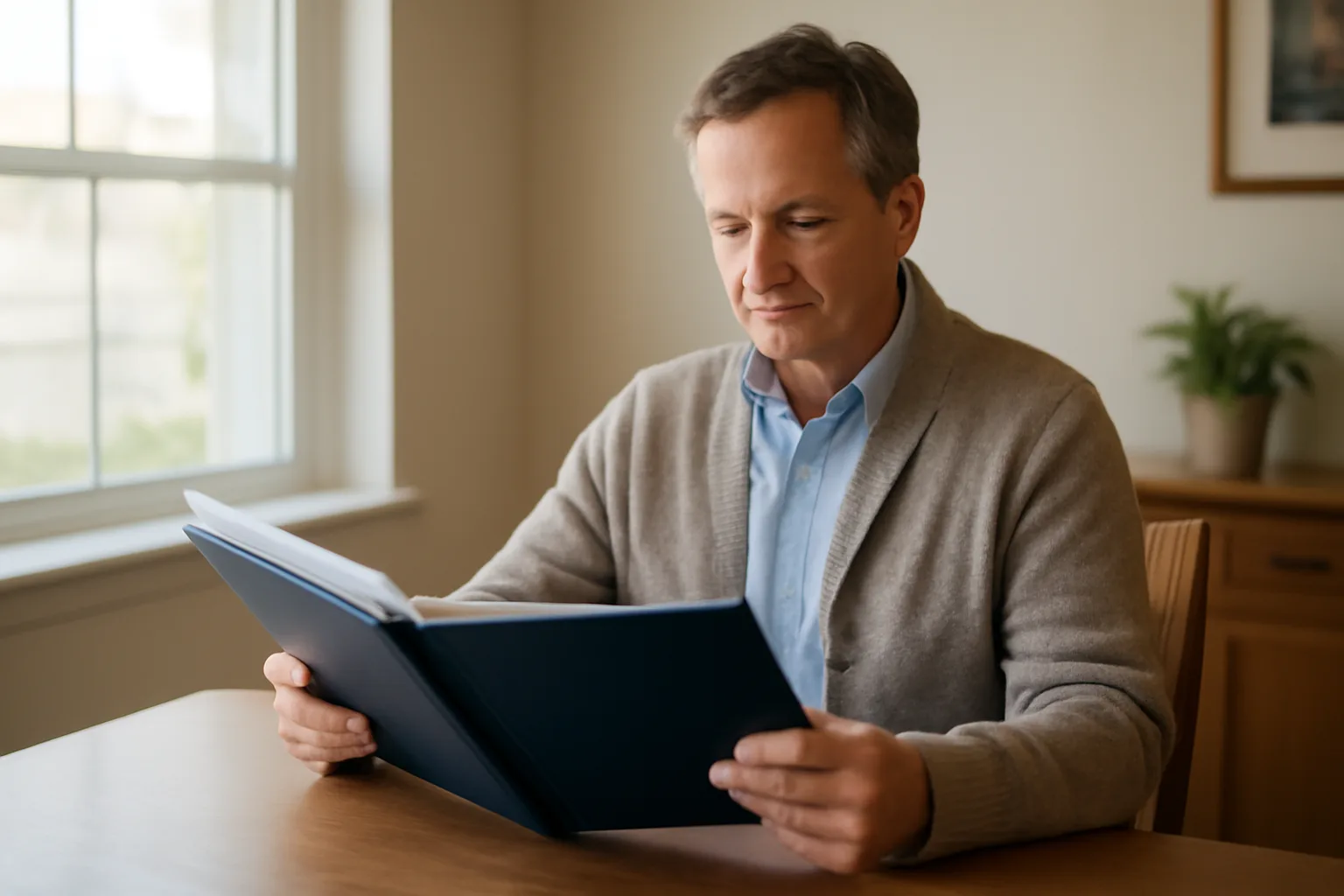 Assisted living director reviewing resident records in a facility office
