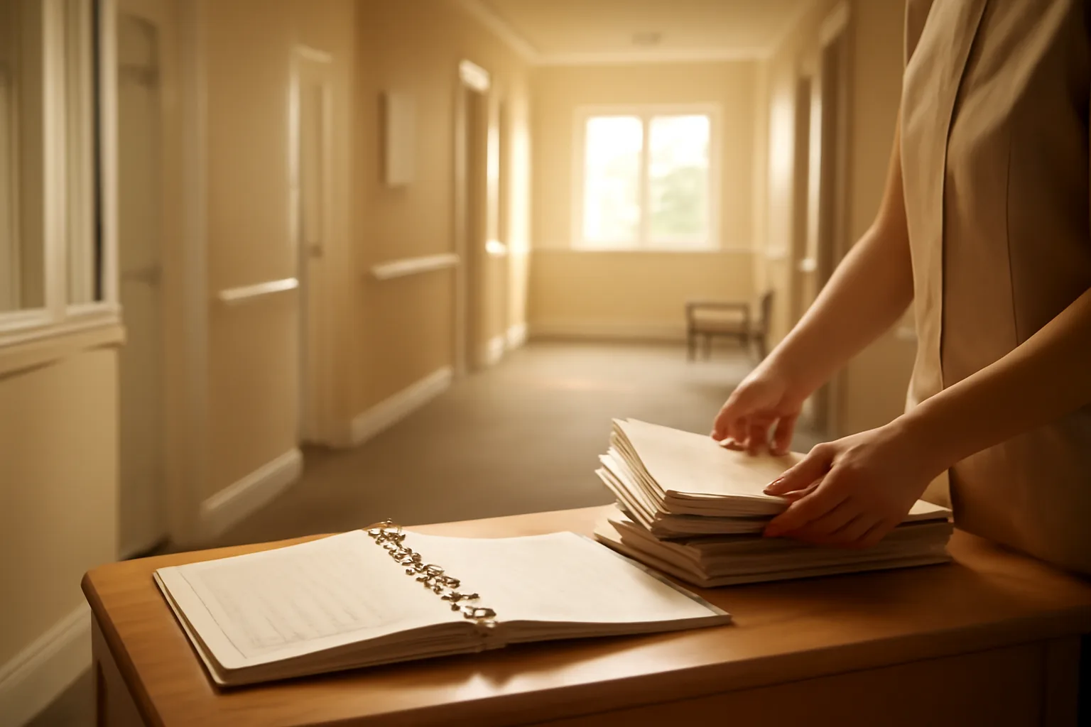 Administrator's desk and hallway inside a licensed assisted living facility in daylight
