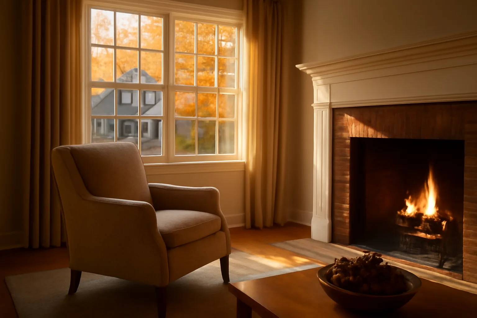 Living room interior of a licensed assisted living facility with New England style windows