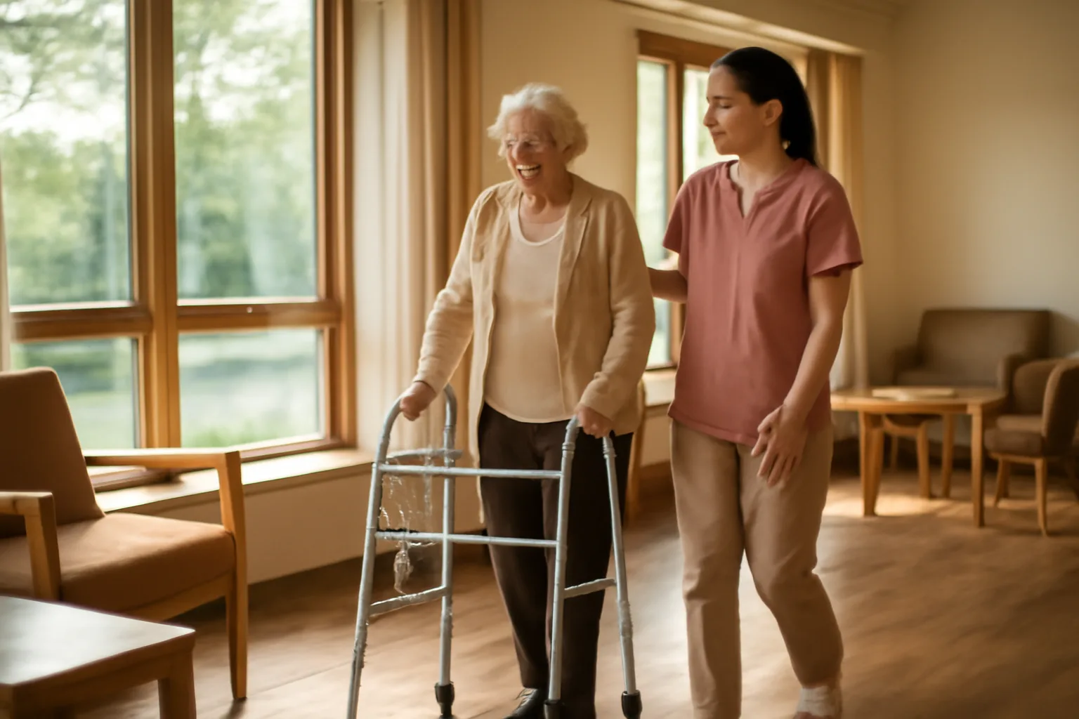 Caregiver assisting elderly resident in a sunlit assisted living common room