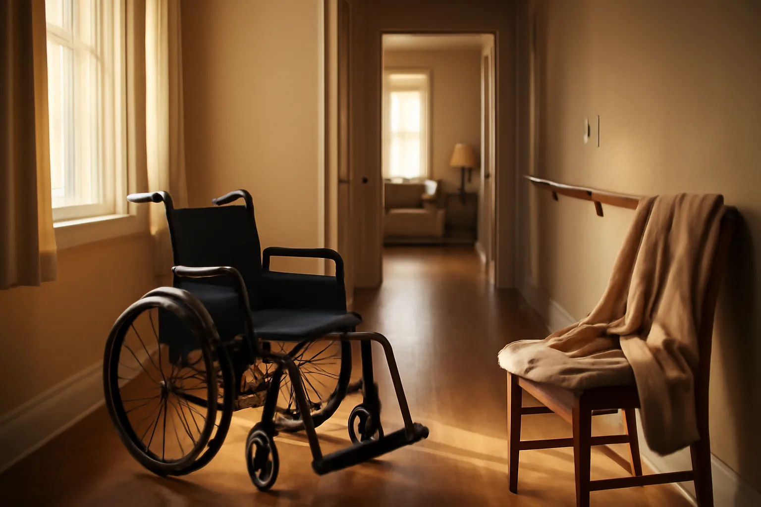 Sunlit hallway with handrails inside a licensed California residential care home
