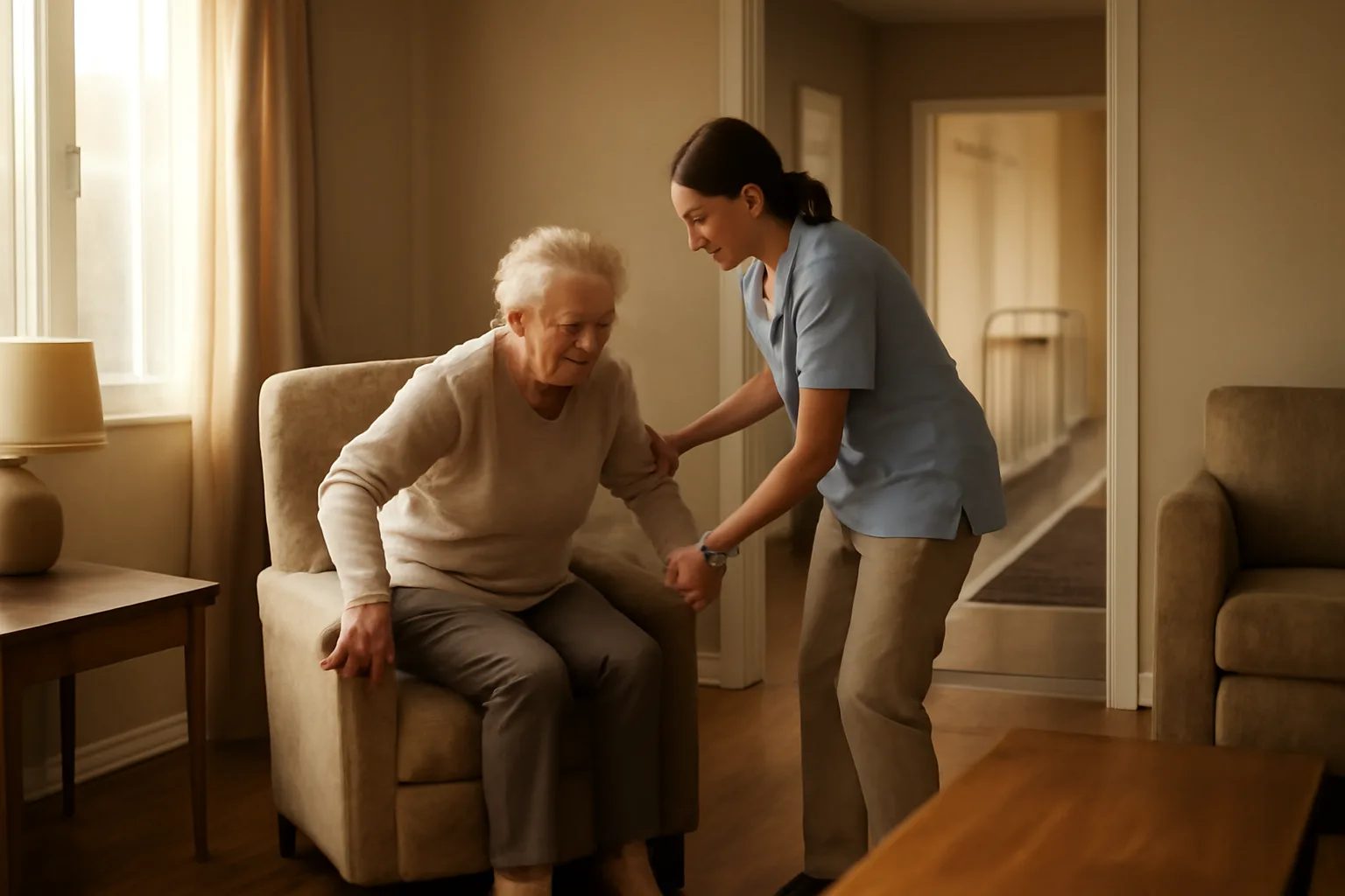 Caregiver assisting an older adult in a licensed group home living room