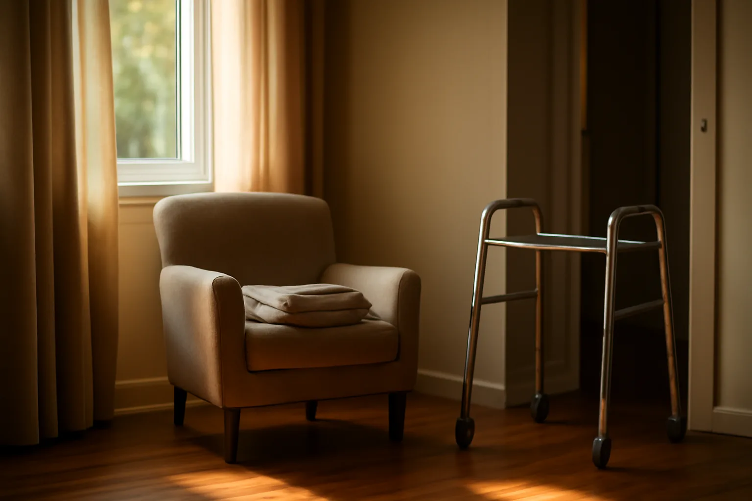 Sunlit living room in a residential assisted living home with an empty armchair and walker