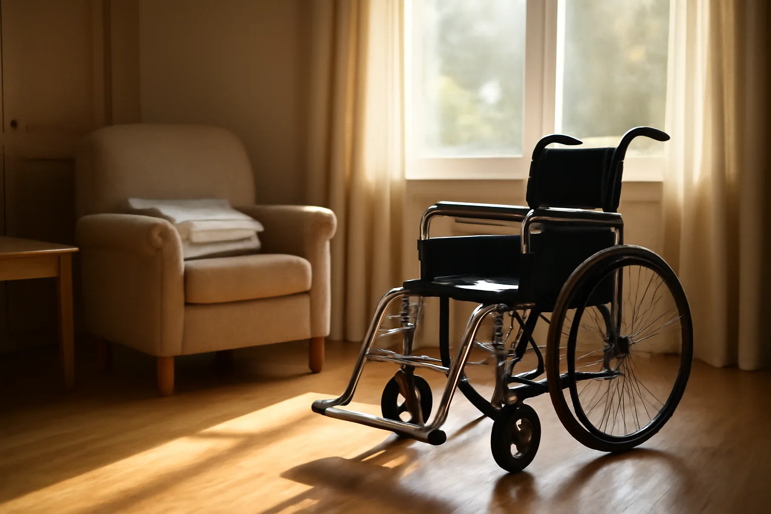 Sunlit common room in a small assisted living facility with empty wheelchair by window