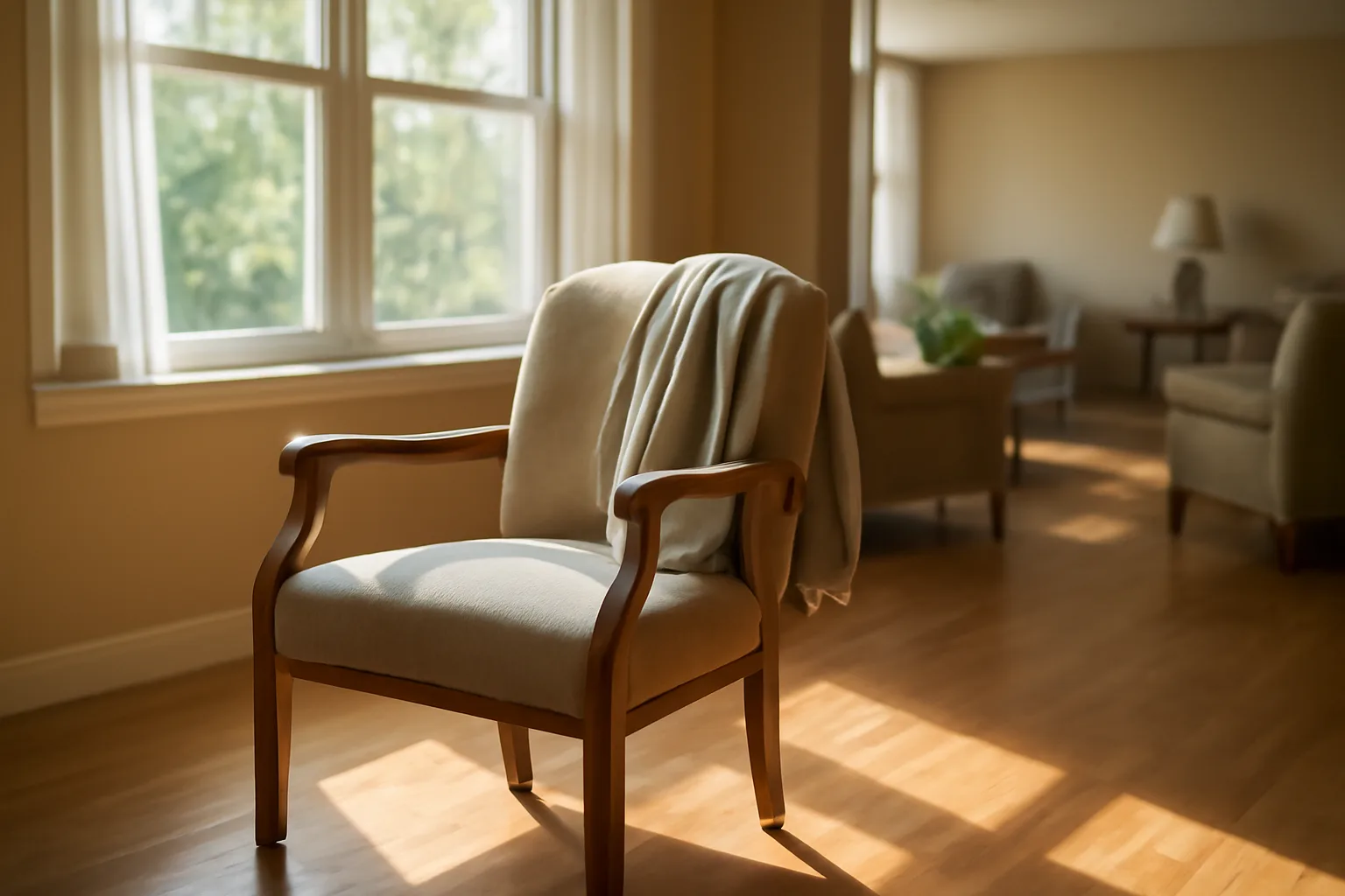 Sunlit common room in a Minnesota assisted living facility with empty armchair by window