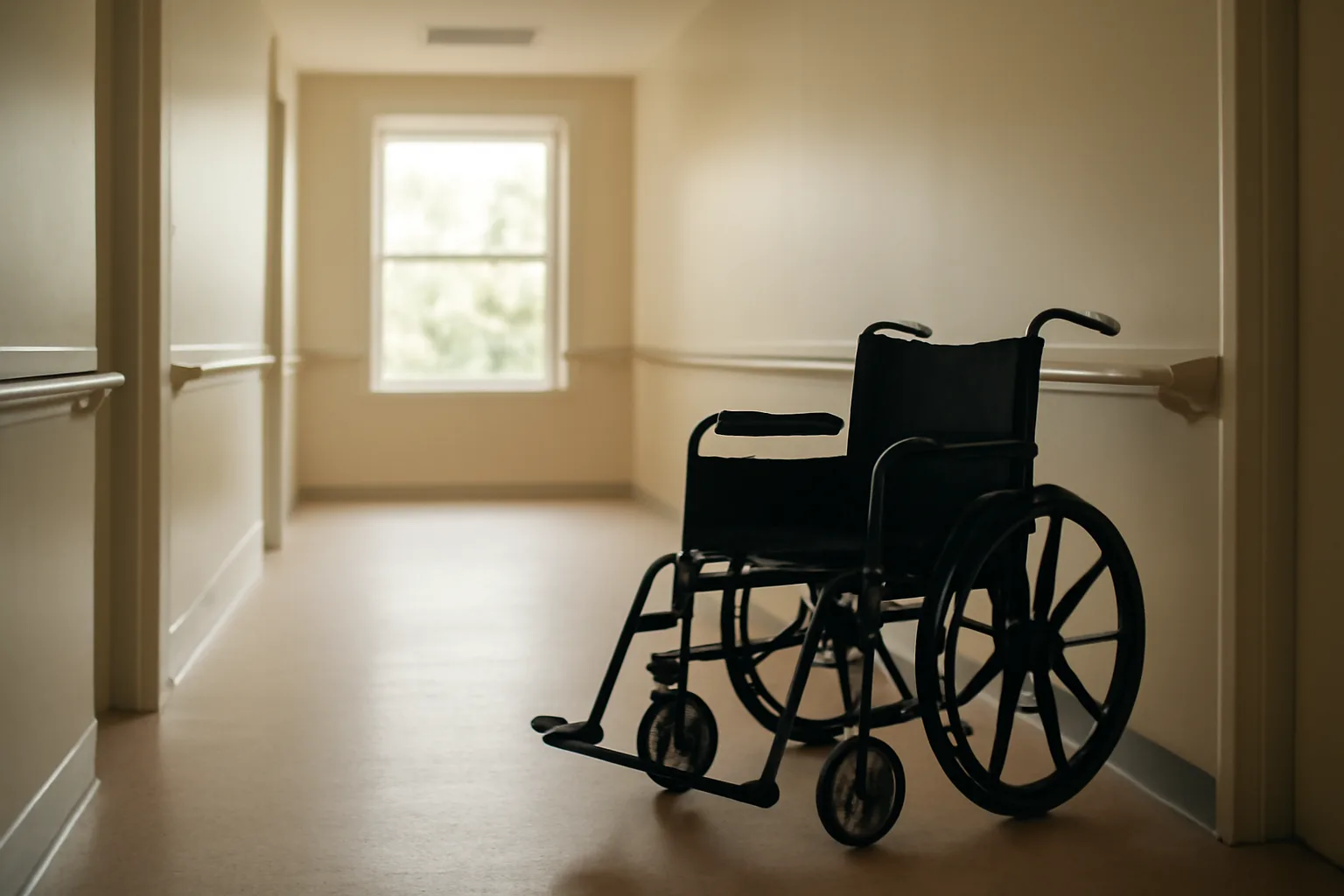 Quiet hallway in a licensed North Carolina assisted living facility with morning light