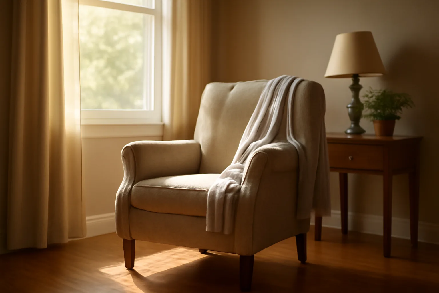 Sunlit living room in a Nebraska assisted living facility with an empty armchair by a window