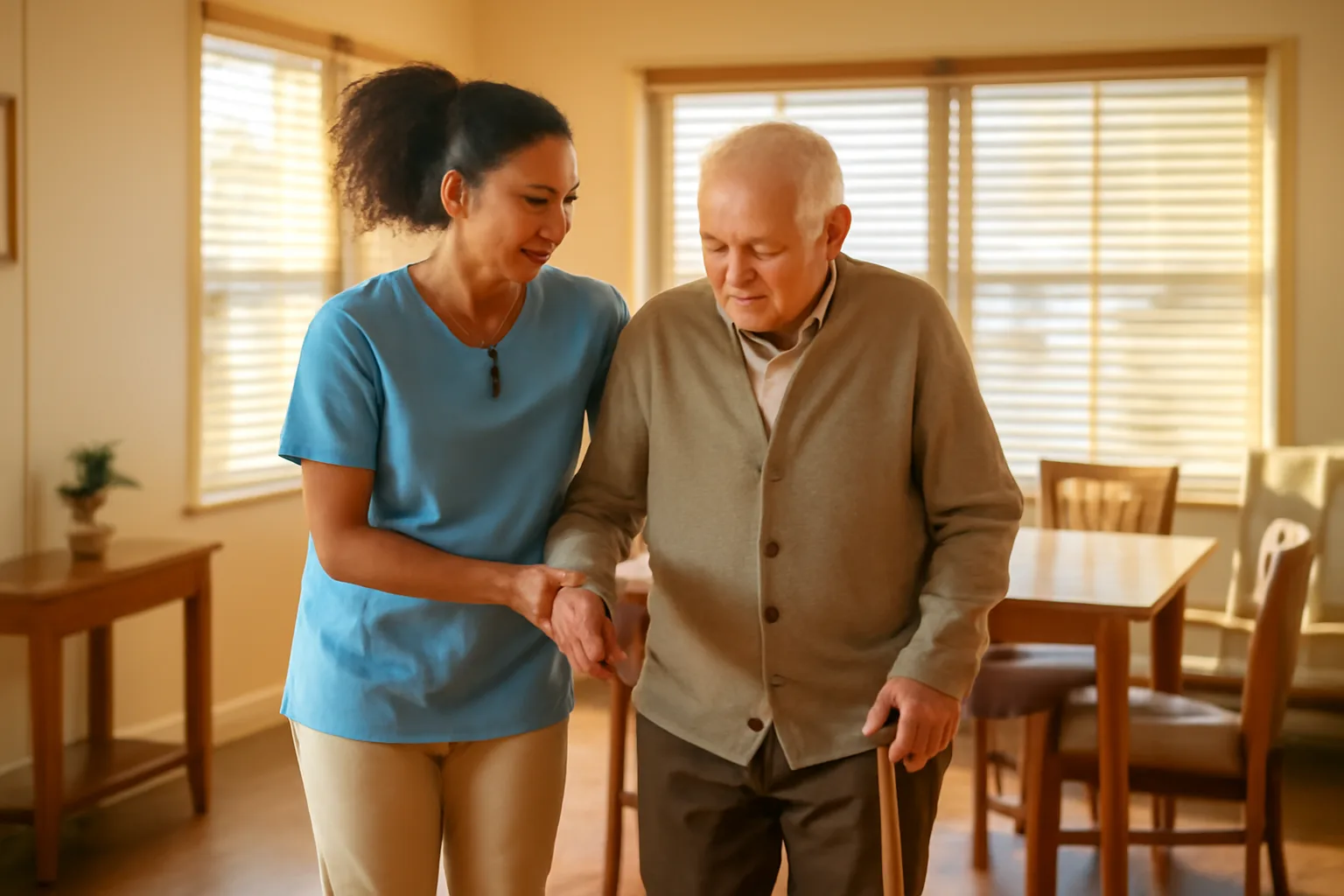 Caregiver assisting an older resident in a sunlit assisted living facility common room