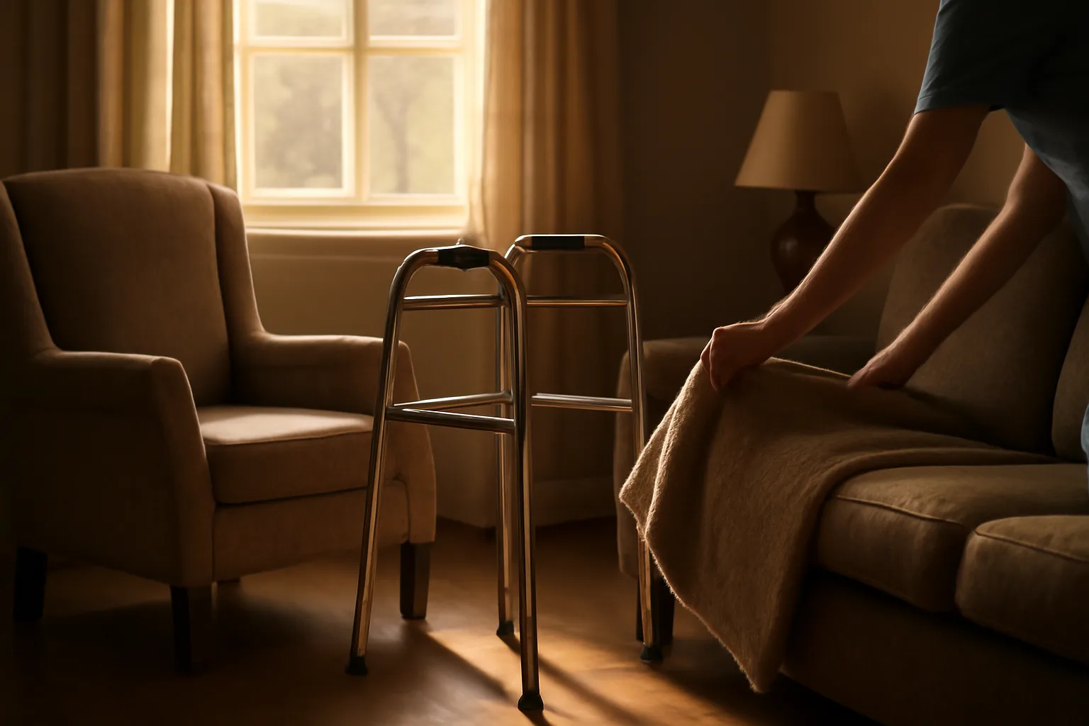 Sunlit living room in a North Carolina assisted living home with a caregiver present