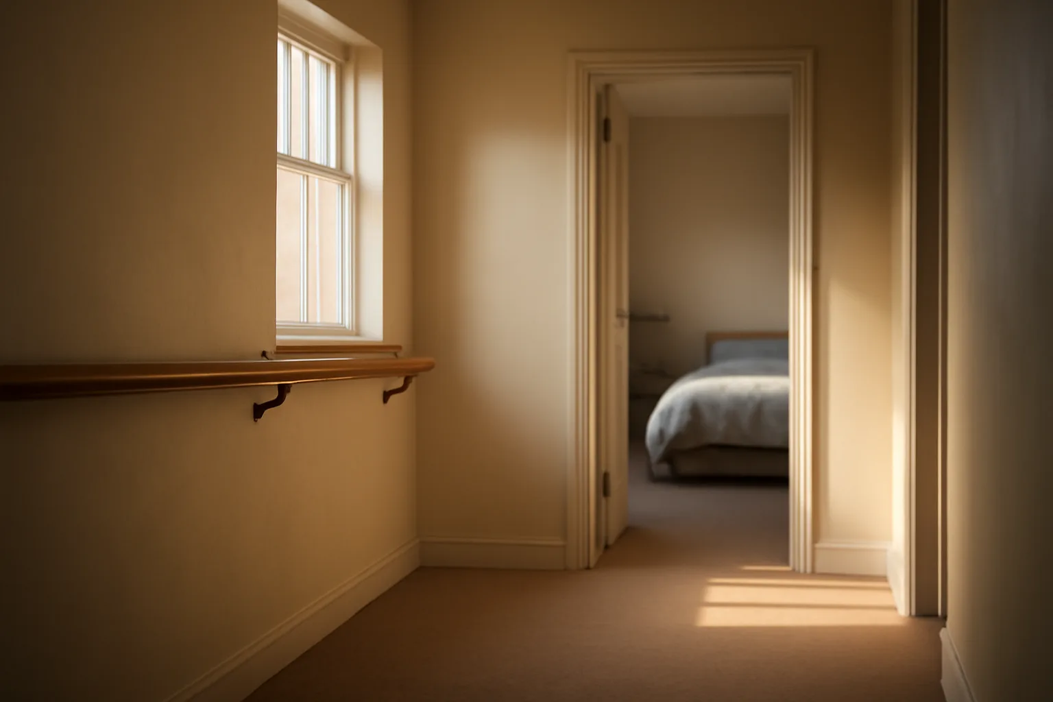 Quiet hallway with handrails inside a licensed Ohio group home residence