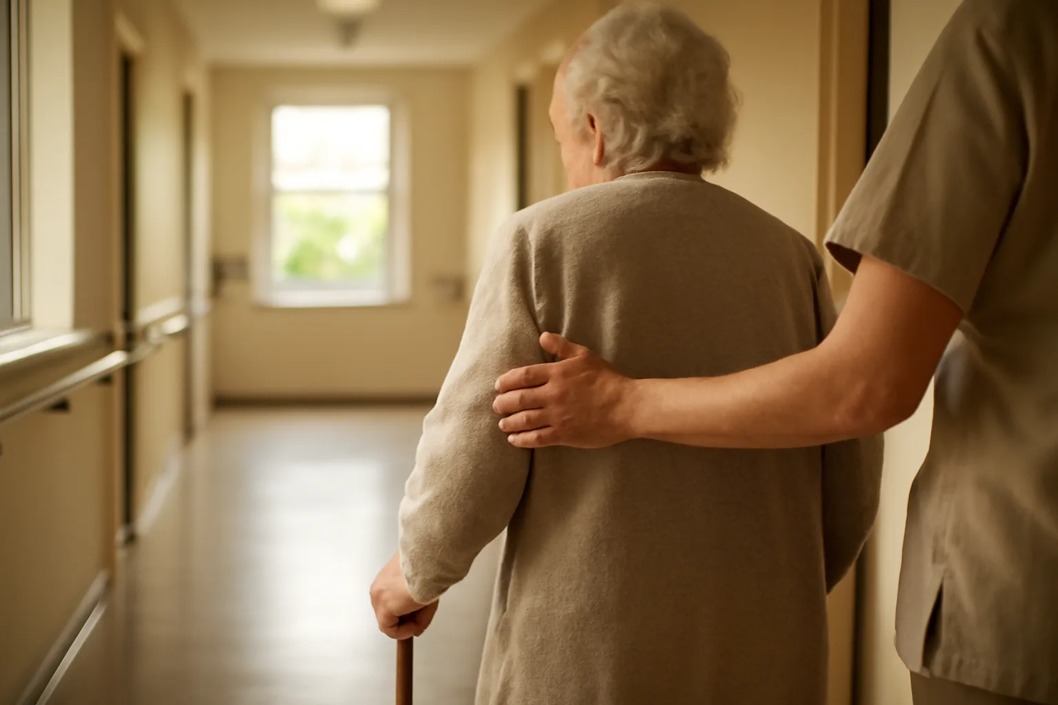 Caregiver assisting an elderly resident walking down a sunlit assisted living hallway