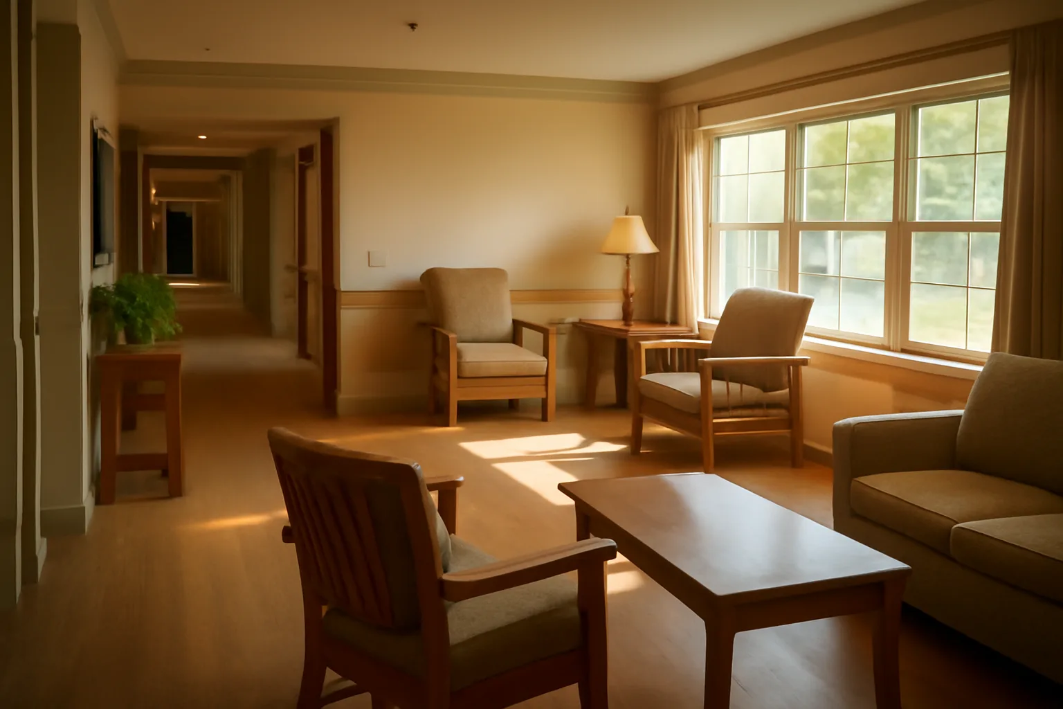 Sunlit living room hallway inside an Oklahoma assisted living residential care home