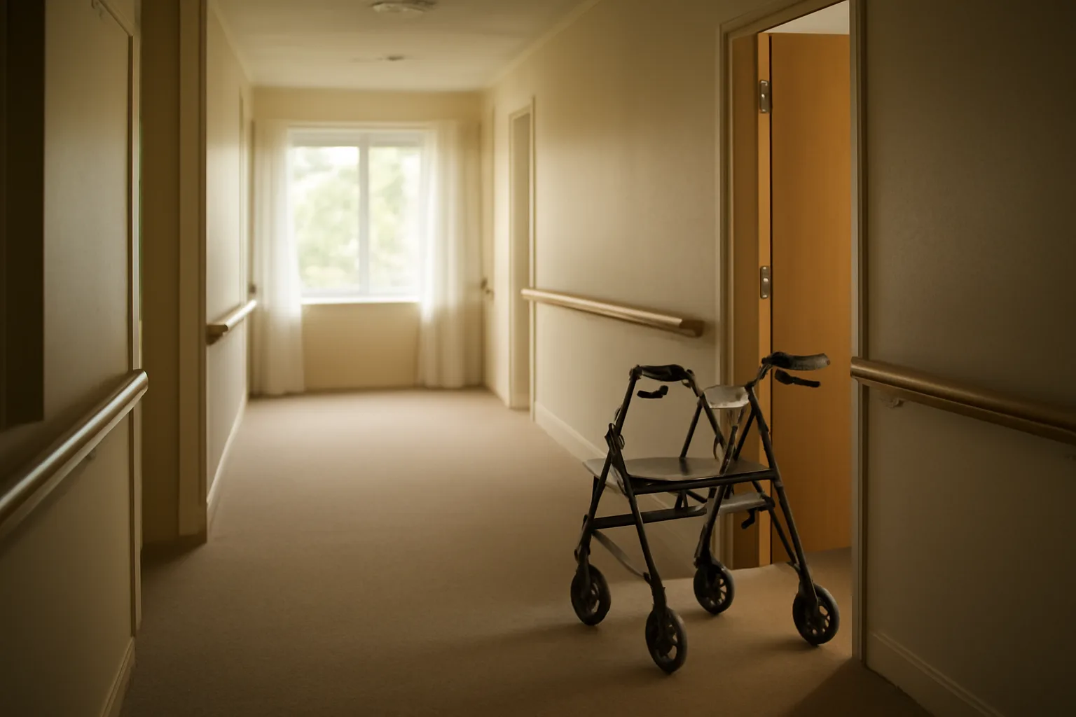 Hallway inside an Oregon assisted living facility with natural light and handrails