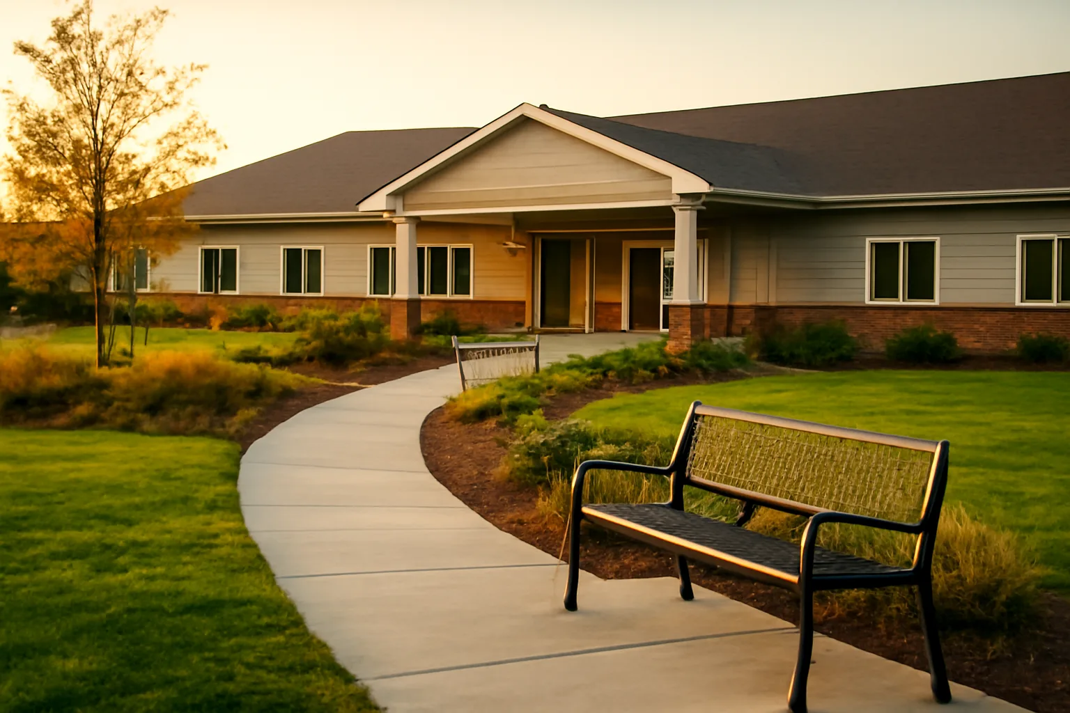 Exterior of an Oregon assisted living facility building with accessible ramp at sunset